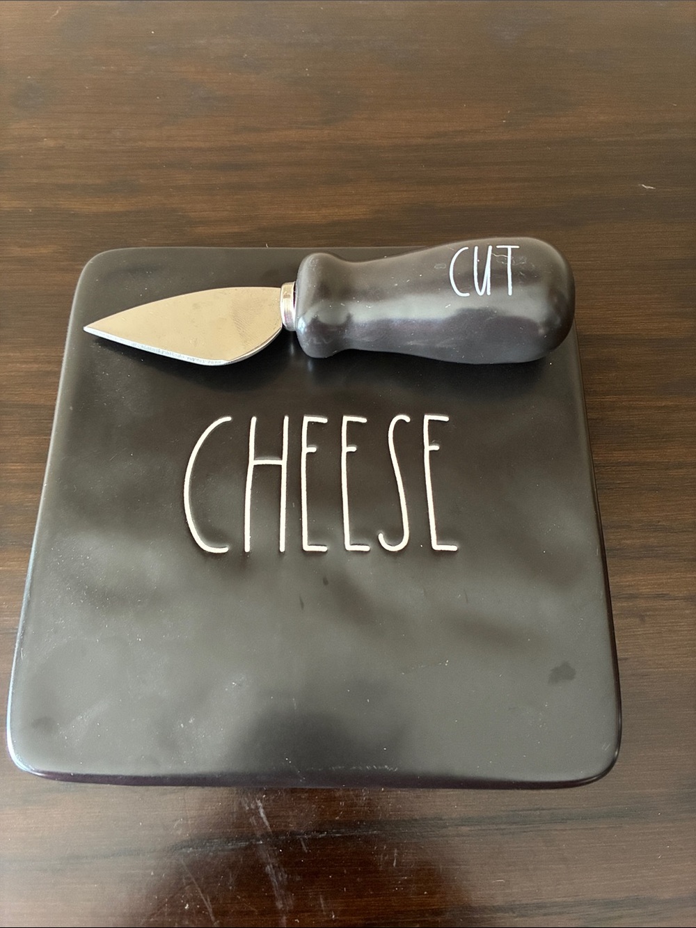 Rae Dunn Black Ceramic Cheese Plate with 'CUT' Knife